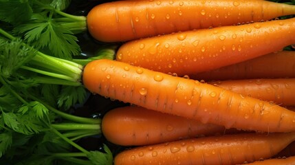  a bunch of carrots sitting next to each other on top of a pile of green leafy vegetables with drops of water on them.