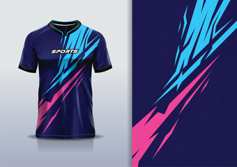 T-shirt mockup with abstract stripe line jersey design for football, soccer, racing, esports, running, in blue pink color  © Nimpuna O