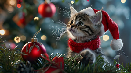 Obraz premium kitten in a Christmas hat and scarf against a background of snow-covered Christmas trees, close-up shot in a photorealistic location