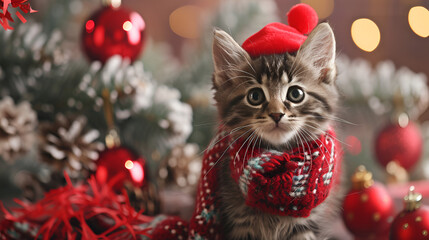 kitten in a Christmas hat and scarf against a background of snow-covered Christmas trees, close-up shot in a photorealistic location