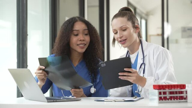 Caucasian and an African American doctor examining a spine and knee bone model, discussing medical details.