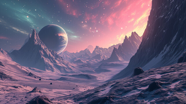 Extraterrestrial planet sunrise over the mountains