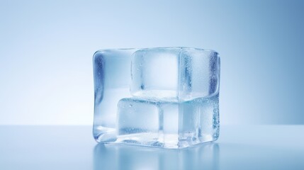  two ice cubes sitting on top of a white table next to a blue and white wall in the background.