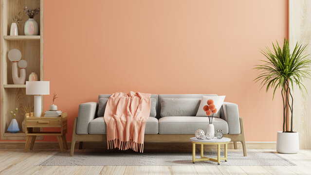 Living Room have sofa with peach color paint wall