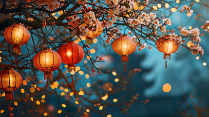 Fototapeta na wymiar banner with place for text for chinese new year or lantern festival, glowing chinese lanterns close up on bokeh background