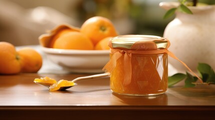 Fototapeta na wymiar a jar of orange marmalade sitting on a table next to oranges and a bowl of oranges.