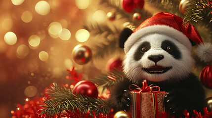 Chinese New Year flyer, panda wearing a Christmas hat on a golden background with space for text
