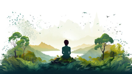 The silhouette of a meditative figure overlooking a serene lake captures the essence of reflection and inner peace for World Health Day, emphasizing the connection to the natural world.