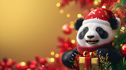 Chinese New Year flyer, panda wearing a Christmas hat on a golden background with space for text