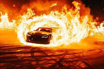 A fast car jumps and a ring of fire.