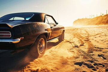 A muscle car stirs up sand at a beach.