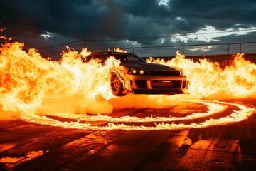 A fast car jumps and a ring of fire.