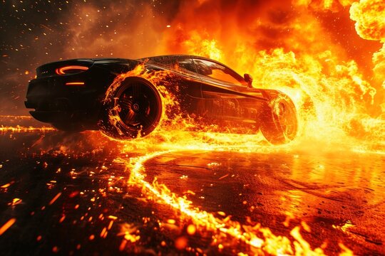 A fast car jumps and a ring of fire.