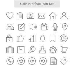 User interface icon set in thin outline style include camera, recycle bin, like, mail, home, location, arrows, setting, microphone, shopping basket, search, chat, luck, download, save , voice , heart