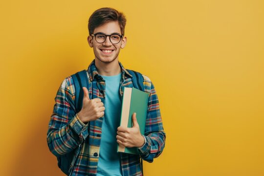 Young Student Man Holding Books Smiling And Raising Thumb Up