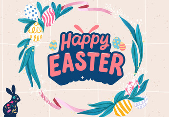 Easter bunny with flowers and eggs. depicts a cute bunny surrounded by colorful flowers and Easter...