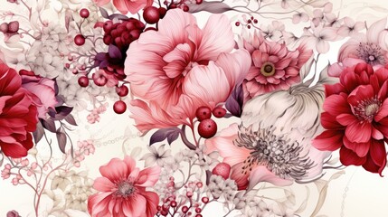 Floral background ornament. Floral artistic wallpaper with delicate flowers, leaves. Design in delicate red, beige tones of watercolor texture for banners, printing on fabric, paper, wall paintings.