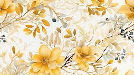 Floral background ornament. Floral artistic wallpaper with delicate flowers, leaves. Design in yellow, beige tones of watercolor texture for banners, printing on fabric, paper, wall paintings.