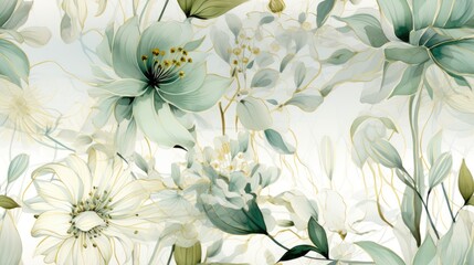 Floral background ornament. Floral artistic wallpaper with delicate flowers, leaves. Design in delicate green, white tones of watercolor texture for banners, printing on fabric, paper, wall paintings.