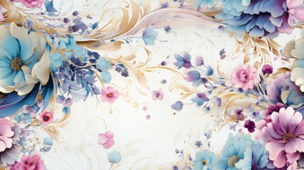 Floral background ornament. Floral artistic wallpaper with delicate flowers, leaves. Design in blue, lilac, white tones of watercolor texture for banners, printing on fabric, paper, wall paintings.