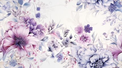 Floral background ornament. Floral artistic wallpaper with delicate flowers, leaves. Design in delicate lilac, white tones of watercolor texture for banners, printing on fabric, paper, wall paintings.