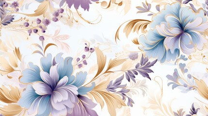 Floral background ornament. Floral artistic wallpaper with delicate flowers, leaves. Design in violet, gold, white tones of watercolor texture for banners, printing on fabric, paper, wall paintings.