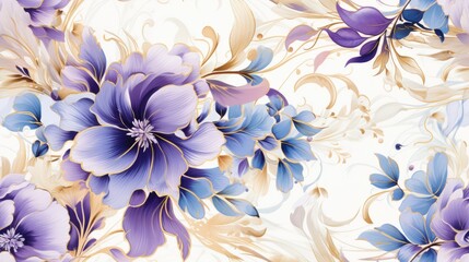 Floral background ornament. Floral artistic wallpaper with delicate flowers, leaves. Design in violet, gold, white tones of watercolor texture for banners, printing on fabric, paper, wall paintings.
