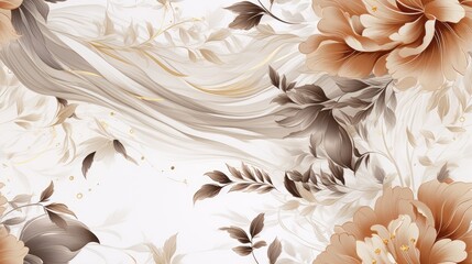 Floral background ornament. Floral artistic wallpaper with delicate flowers, leaves. Design in delicate beige, white tones of watercolor texture for banners, printing on fabric, paper, wall paintings.