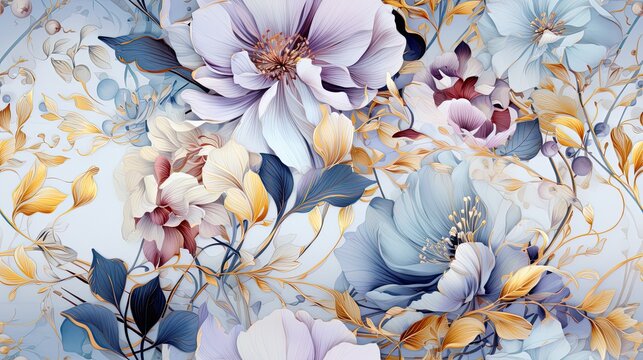Floral background ornament. Floral artistic wallpaper with delicate flowers, leaves. Design in delicate blue, white tones of watercolor texture for banners, printing on fabric, paper, wall paintings.
