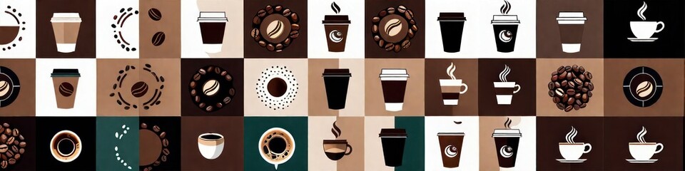 Abstract drawn minimalistic banner on coffee theme in mosaic style and coffee colors , background for design