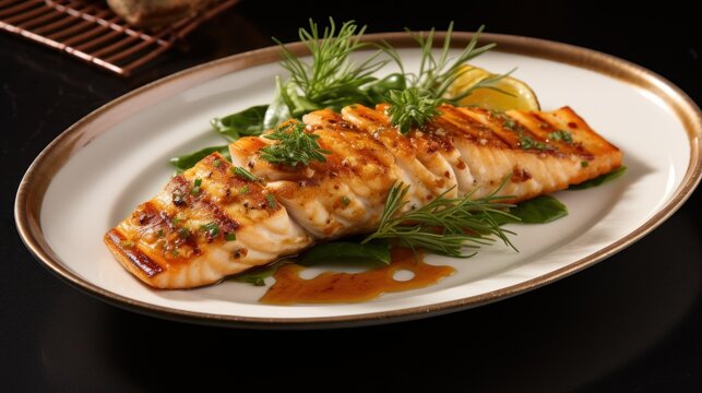  a white plate topped with a piece of fish covered in sauce and garnished with herbs and lemon wedges.