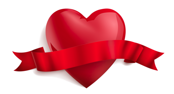 Red heart and red ribbon banner with shadow isolated on white transparent background