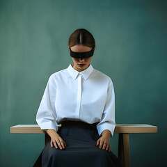 Femme assise avec un  bandeau noir sur les yeux - obrazy, fototapety, plakaty