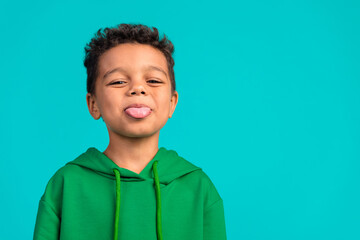 Photo of funny carefree schoolboy with wavy hair dressed green pullover stick out tongue fooling...