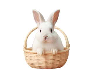 White rabbit in a basket isolated on transparent background