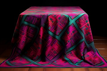 A dynamic array of geometric motifs in vibrant hues of fuchsia and emerald, intricately woven against a backdrop reminiscent of a stained-glass window.