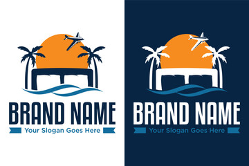 simple modern Bed with beach palm sea sun plane illustration logo design