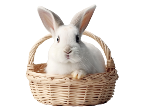 White rabbit in a basket isolated on transparent background