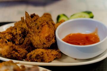 Food. Dish with rice and pork. Close-up.