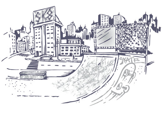 recommend clip art: Vector illustration in cartoon style with stripped and irregular strokes of urban landscape with skateboard ramp.