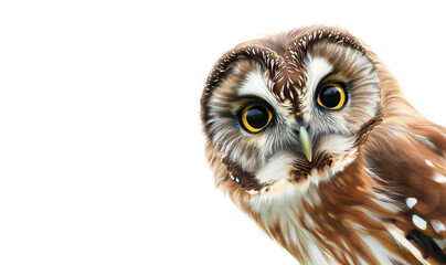 Nocturnal Elegance.   Little Northern Saw Whet Owl Captivates with Piercing Gaze on White Background.