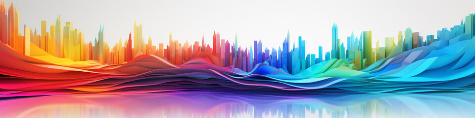 An artistic 3D rendering of a rainbow made from a spectrum of colorful shapes.