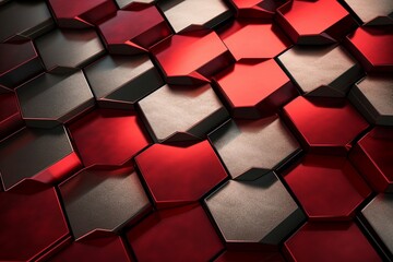 An arrangement of 3D geometric tessellations in hues of crimson and silver, creating an optical illusion against a background reminiscent of a metallic sheen.