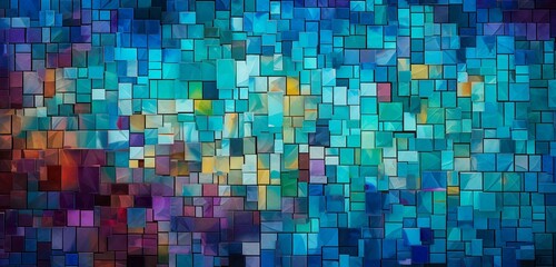 An artistic 3D abstract mosaic composition showcasing a richly textured blend of vibrant colors against a vivid turquoise backdrop.