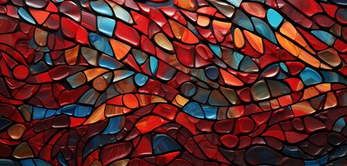 An elaborate 3D abstract mosaic bursting with vibrant colors and intricate designs against a backdrop of ruby red.
