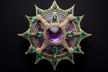 An elaborate series of geometric motifs in a spectrum of amethyst and jade, intricately layered against a backdrop resembling a celestial galaxy.