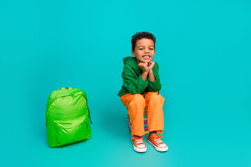 Full length photo of positive schoolboy wear green pullover orange pants sit on book near rucksack...