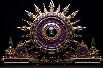 An elaborate series of geometric motifs in a spectrum of amethyst and jade, intricately layered against a backdrop resembling a celestial galaxy.