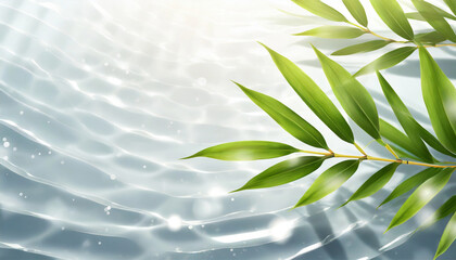 spa background banner with green bamboo leaf on white transparent water wave in sunlight, concept with copy space for travel, cosmetics and beauty care