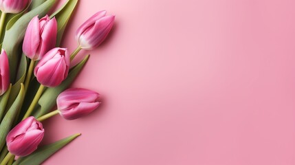 Pink tulip blooms with copy space on the side of a pastel on lite pink background